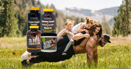 muscular athlete outdoors doing a plank with family stacked on their back beside ultimate nutrition supplements including prostate support magnesium beta ecdysterone and nitric oxide to illustrate natural ways to boost testosterone for the article 8 prove