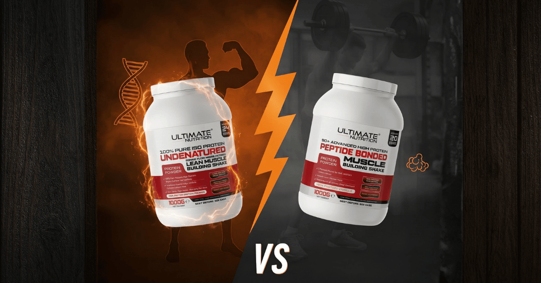 Side by side comparison of two Ultimate Nutrition protein powders showing ISO Protein on the left with an orange background and flexing silhouette, and 50 Advanced High Protein on the right with a darker gym background and a person lifting weights, divide