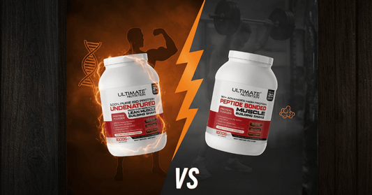 Side by side comparison of two Ultimate Nutrition protein powders showing ISO Protein on the left with an orange background and flexing silhouette, and 50 Advanced High Protein on the right with a darker gym background and a person lifting weights, divide