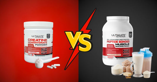 side by side comparison of ultimate nutrition creatine monohydrate powder and ultimate nutrition 90 plus protein shake with a bold vs graphic illustrating the difference between creatine and protein supplements for the article what is creatine and should 