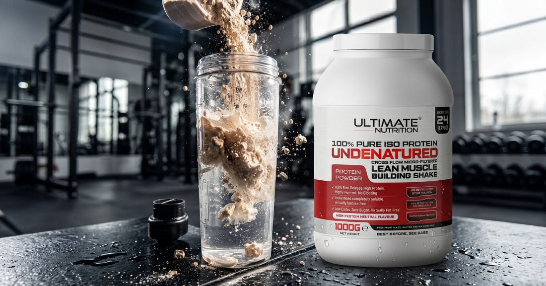 Large container of Ultimate Nutrition 100 Percent Pure ISO Protein undenatured powder on a gym surface with a scoop of protein powder being poured into a clear shaker bottle creating a dynamic splash effect with weights racks and natural light visible in 