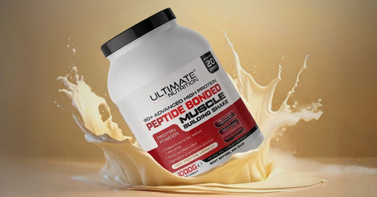 Container of Ultimate Nutrition 90 Advanced High Protein vanilla flavour protein powder shown against a creamy liquid splash background highlighting the product label and muscle building shake branding