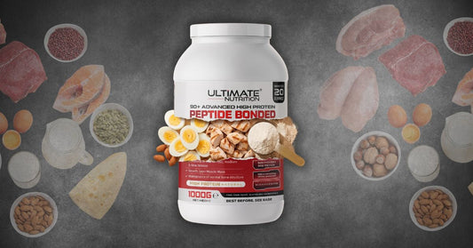 ultimate nutrition 90 plus advanced high protein peptide bonded powder with high protein foods eggs chicken fish nuts seeds and milk arranged around the product