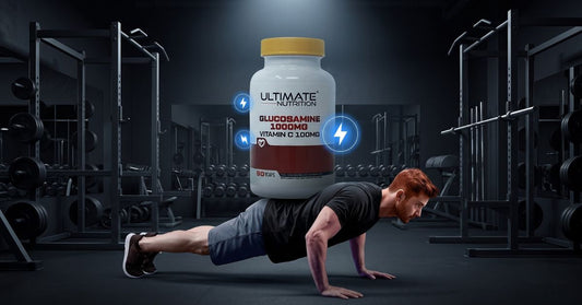 athlete doing a push up in a gym with an ultimate nutrition glucosamine 1000mg supplement shown above to illustrate dosage benefits and evidence for glucosamine in the article glucosamine 1000mg dosage benefits and what the evidence says