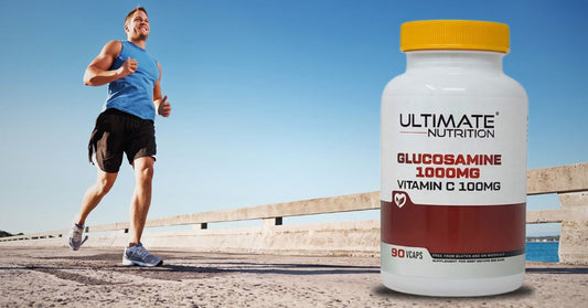 runner on an outdoor path beside an ultimate nutrition glucosamine supplement bottle to illustrate how glucosamine supports joint health for the article the complete guide to glucosamine supplements for joint health