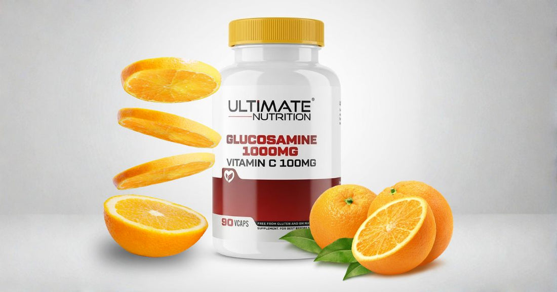 ultimate nutrition glucosamine 1000mg vitamin c 100mg supplement bottle with fresh oranges to illustrate why combining glucosamine with vitamin c supports joint health for the article glucosamine with vitamin c why the combination matters