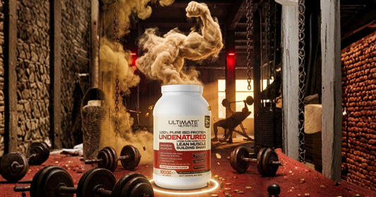 Container of Ultimate Nutrition 100 Percent Pure ISO Protein placed on a gym floor with weights in the background and a dramatic cloud of powder rising from the open container while a person lifts weights on a bench behind it