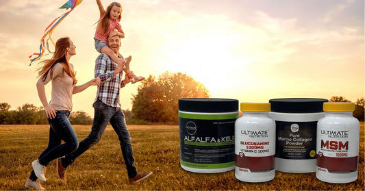 family walking outdoors at sunset with ultimate nutrition joint health supplements including alfalfa and kelp glucosamine marine collagen and msm shown in the foreground to illustrate what works and what doesnt for joint health in the article joint health