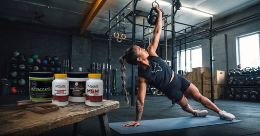 athlete performing a side plank with kettlebell in a gym beside ultimate nutrition joint support supplements including alfalfa and kelp glucosamine marine collagen and msm to illustrate the anti inflammatory case for omega 3 for joints in the article omeg