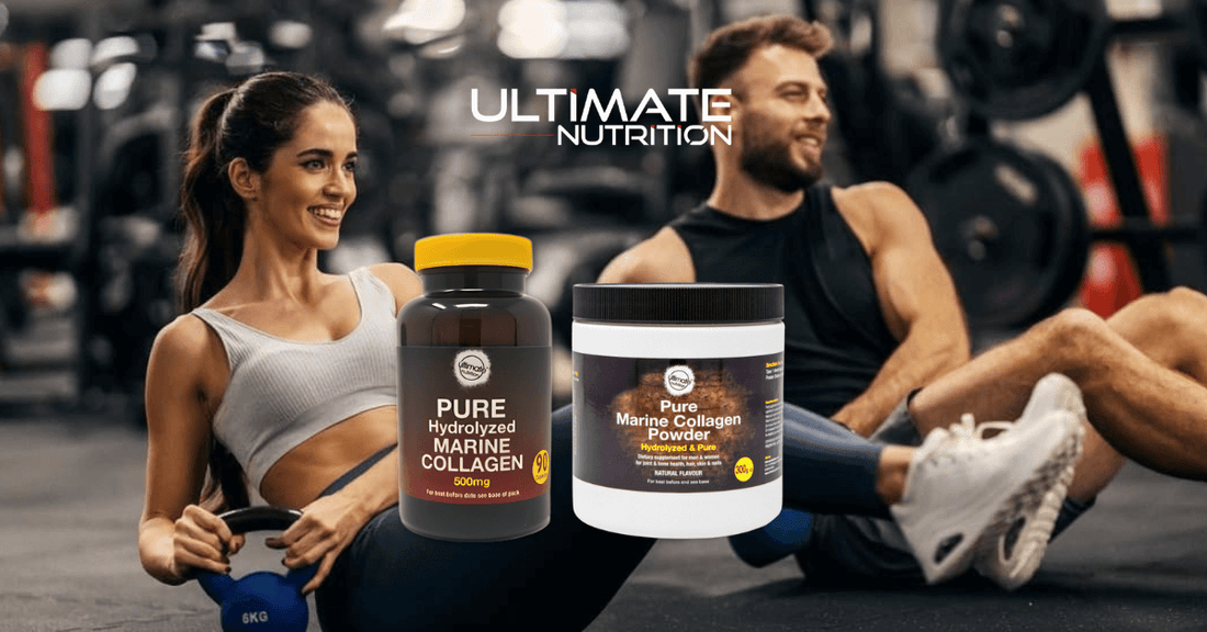 Ultimate Nutrition Marine Collagen capsules and powder showcased in a gym setting beside athletes training, highlighting joint support, recovery, and active lifestyle benefits.
