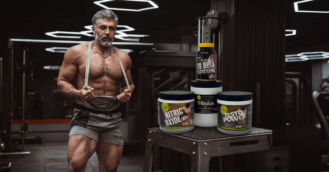 muscular athlete in a gym beside ultimate nutrition testosterone support supplements including nitric oxide tribulus horny goat weed testo power and beta ecdysterone to illustrate the best natural testosterone boosters for men over 50 for the article best