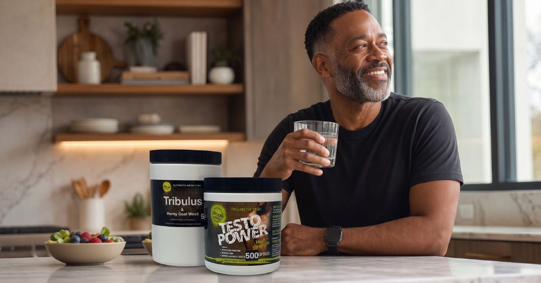 person sitting in a kitchen with ultimate nutrition tribulus horny goat weed and testo power supplements beside a bowl of fruit to illustrate natural herbs that support healthy testosterone levels for the article 6 natural herbs that support healthy testo