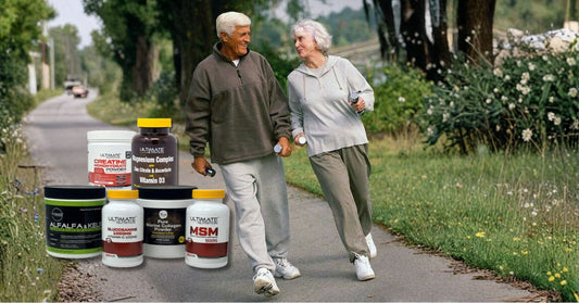 older adults walking outdoors with hand weights beside ultimate nutrition joint and bone support supplements including creatine magnesium glucosamine marine collagen alfalfa and msm to illustrate supplements for older adults supporting joints bones and mo