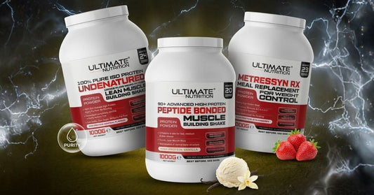 Three Ultimate Nutrition protein powder containers displayed against a dark storm themed background with lightning effects showing ISO Protein 90 Advanced High Protein and Metressyn RX with vanilla ice cream and strawberries placed in front to represent f