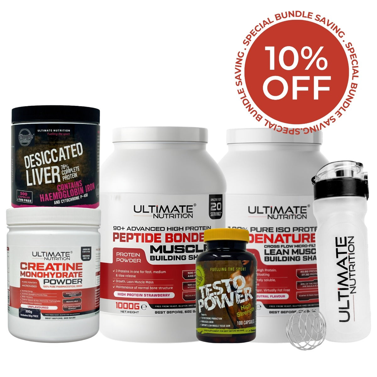 Ultimate Nutrition UK Complete High Protein Bundle with 10% special bundle saving. Includes Desiccated Liver 76% complete protein 500 capsules plus 100 free with Haemoglobin Iron, Creatine Monohydrate Powder 300g unflavoured, 90+ Advanced Peptide Bonded M