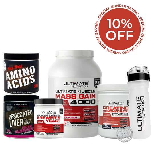 Ultimate Nutrition UK MASS 4000 Bundle with 10% special bundle saving. Includes Ultimate Muscle Mass Gain 4000 protein powder strawberry 45.5g protein per serving, Desiccated Liver 76% complete protein 500 tablets plus 100 free with Haemoglobin Iron, Pure