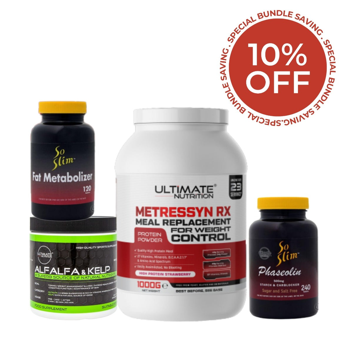 Ultimate Nutrition UK Complete Fat Loss Stack Bundle with 10% special bundle saving. Products included: So Slim Fat Metabolizer 120 tablets, Ultimate Nutrition Metressyn RX Meal Replacement for Weight Control 1000g high protein strawberry flavour protein 