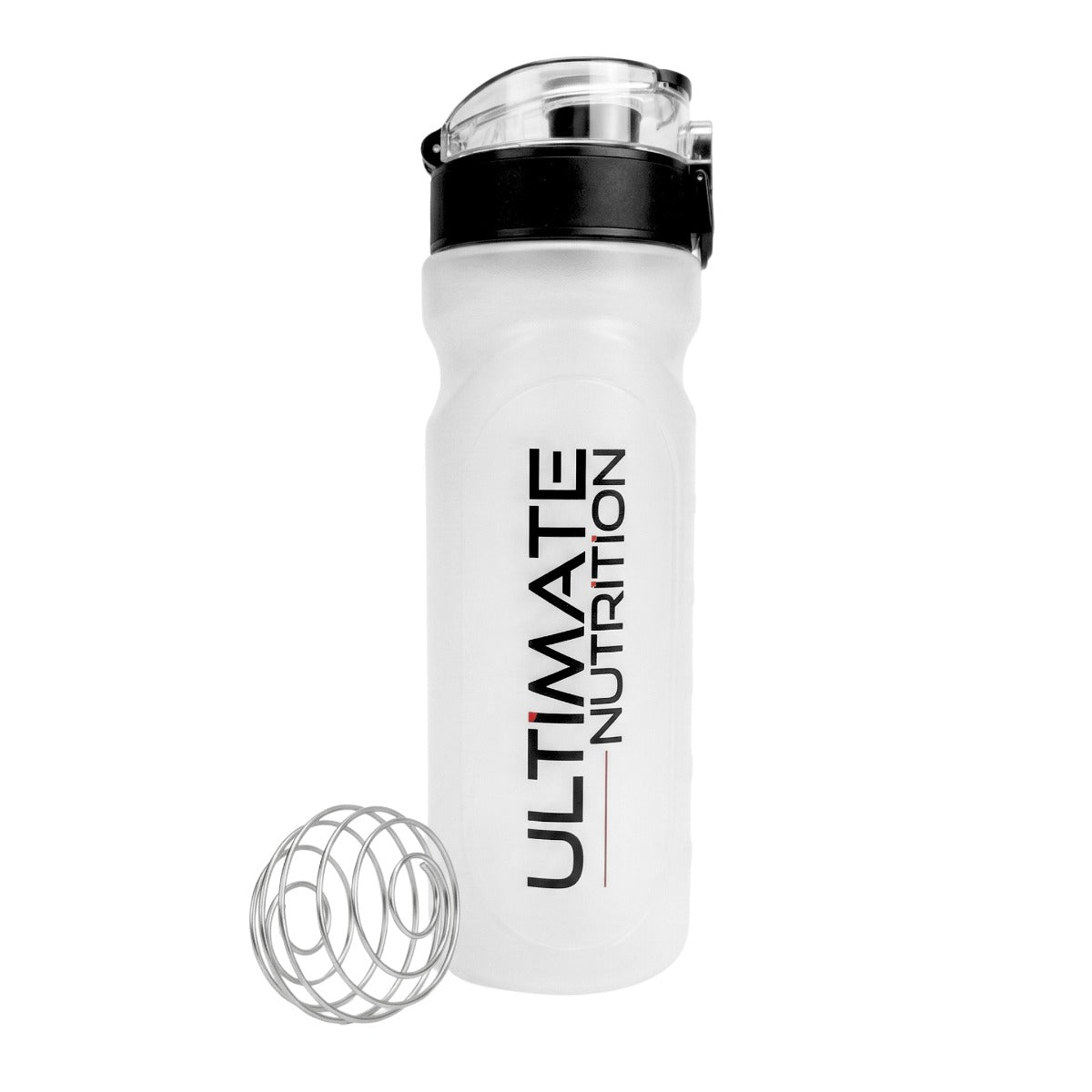 Ultimate Nutrition UK branded protein shaker bottle 750ml in frosted white with flip-top lid, secure clip closure, and stainless steel wire mixing ball. Ideal gym shaker for protein shakes, pre-workout and meal replacement drinks.
