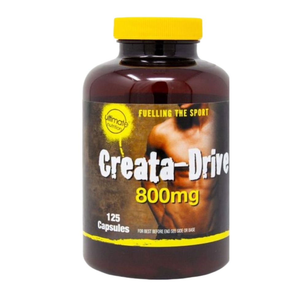 Ultimate Nutrition Creata-Drive 800mg capsules bottle with a muscular graphic on the label, highlighting its sports performance supplement design.