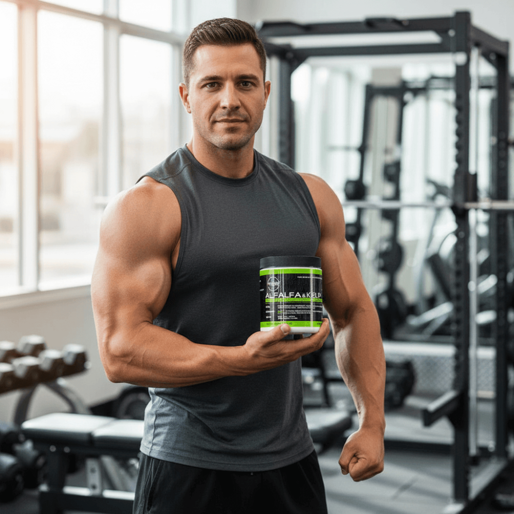 Muscular athlete standing in a gym holding a supplement container, surrounded by workout equipment, representing strength and performance.