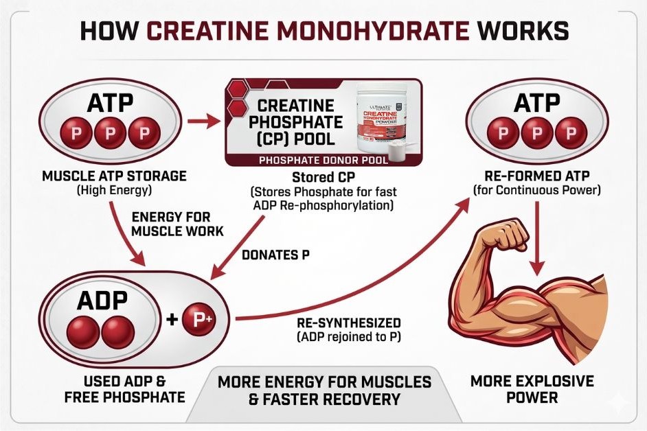 infographic explaining how creatine monohydrate works showing the atp to adp energy cycle creatine phosphate donating a phosphate to resynthesize atp and a container of ultimate nutrition creatine to illustrate the science behind creatine for the article 
