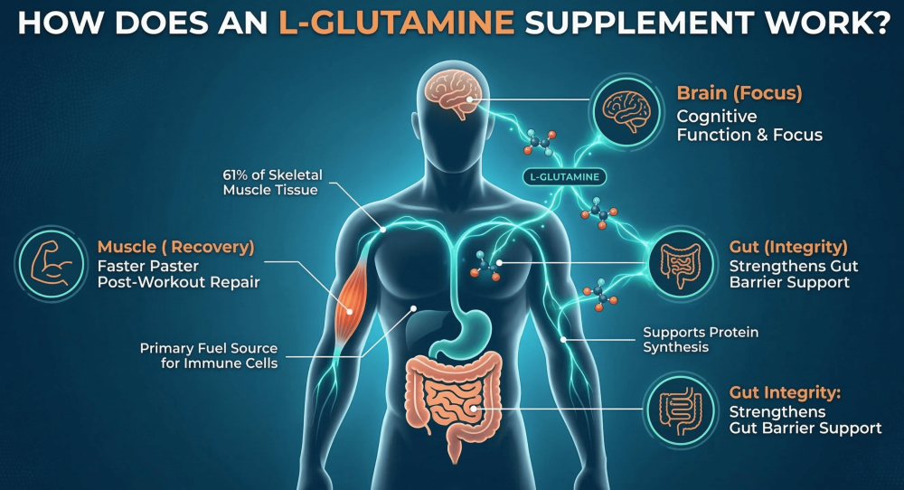 Infographic explaining how L Glutamine supports muscle recovery gut integrity immune function cognitive focus and protein synthesis using labelled body diagrams at Ultimate Nutrition UK
