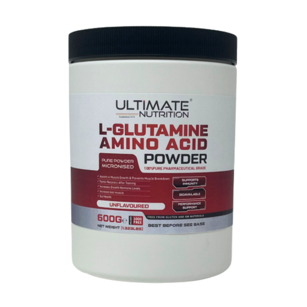 Ultimate Nutrition L-Glutamine Amino Acid Powder 600g tub of 100 percent pure pharmaceutical grade micronised powder for muscle recovery and gut health. Includes FREE powder in every pack.