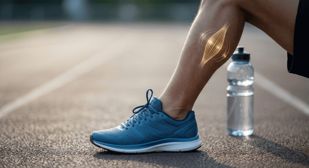 Athlete resting on a running track with highlighted calf muscle anatomy, representing magnesium&rsquo;s role in muscle function and cramp relief