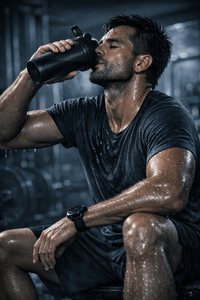 Sweaty athlete sitting in a gym drinking from a shaker bottle after an intense workout, representing hydration and muscle recovery