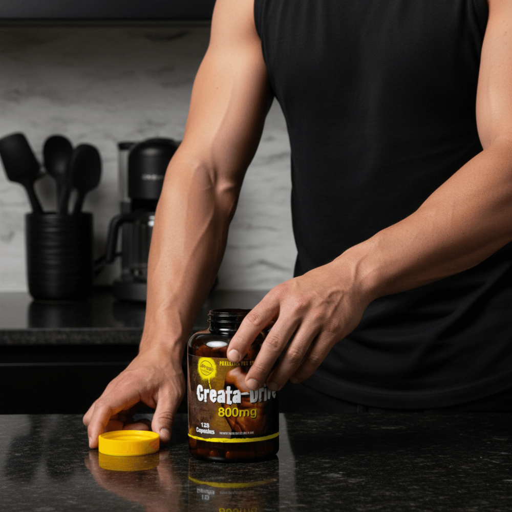 Ultimate Nutrition Creata‑Drive 800mg performance supplement held by an athlete in a kitchen setting, highlighting strength and muscle‑building support.