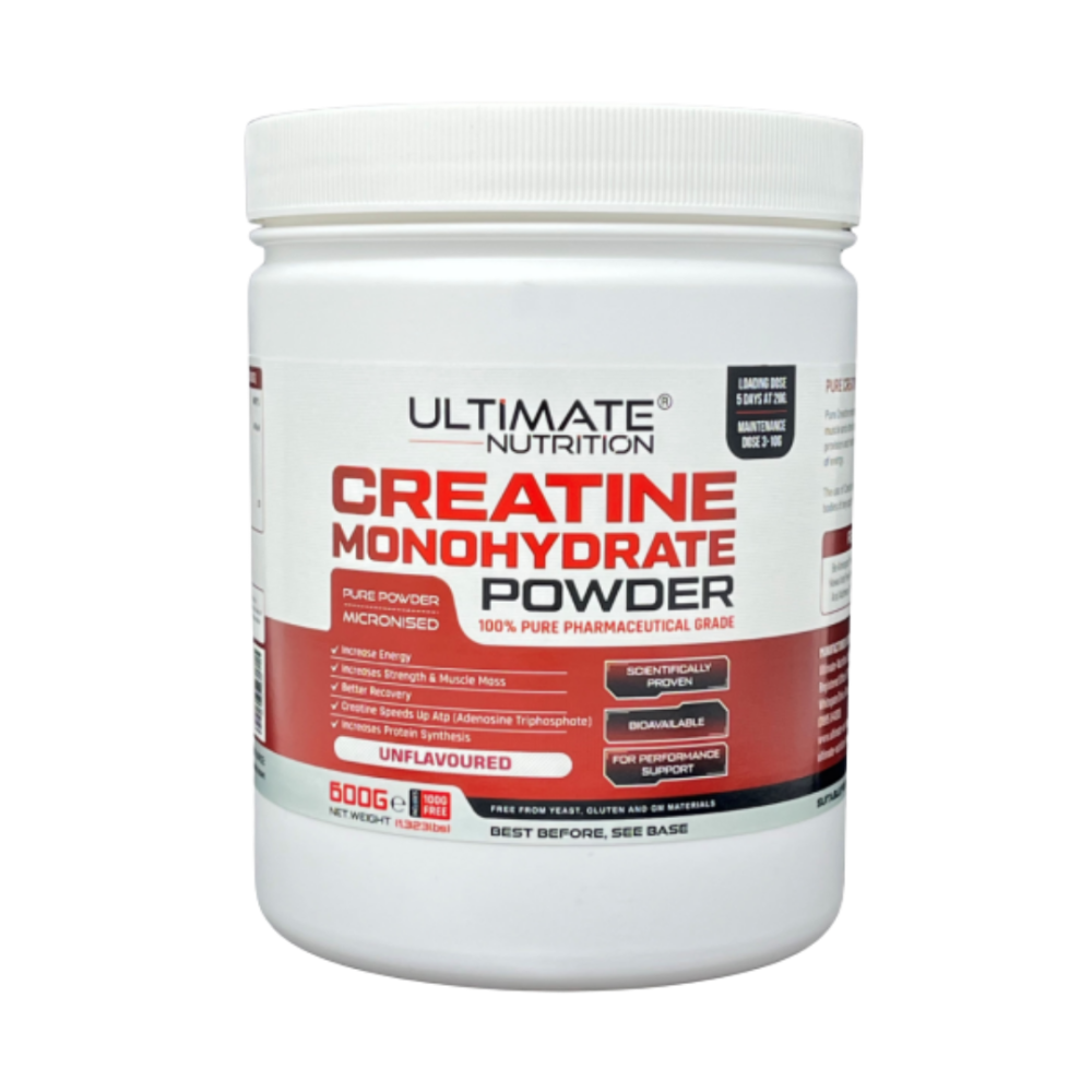 Ultimate Nutrition Creatine Monohydrate Powder 600g. 100 percent pure pharmaceutical grade micronised creatine for energy, muscle mass, and better recovery. Unflavoured and bioavailable performance support formula.