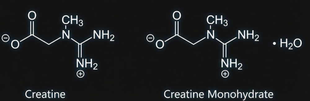 Ultimate Nutrition creatine vs creatine monohydrate chemical structure diagram showing the added water molecule in the monohydrate form.