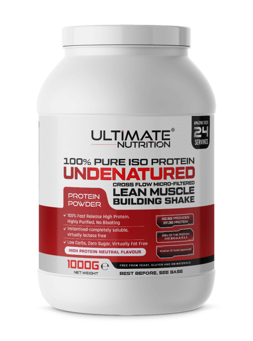 Ultimate Nutrition ISO Protein Undenatured 1000g high‑protein powder for lean muscle building and fast‑release absorption.
