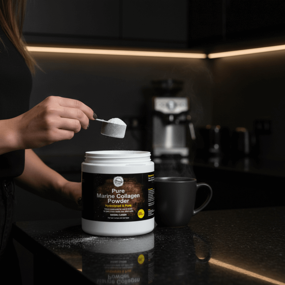 Ultimate Nutrition Marine Collagen 300g being scooped into a mug in a kitchen setting, showcasing anti-ageing and skin health benefits.
