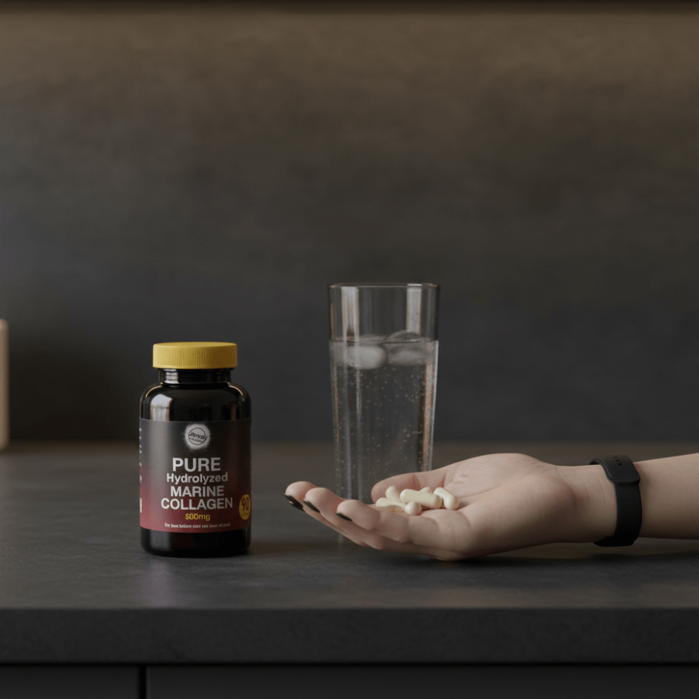 Ultimate Nutrition Marine Collagen 500mg capsules shown with a glass of water, highlighting daily anti-ageing and skin health supplementation.