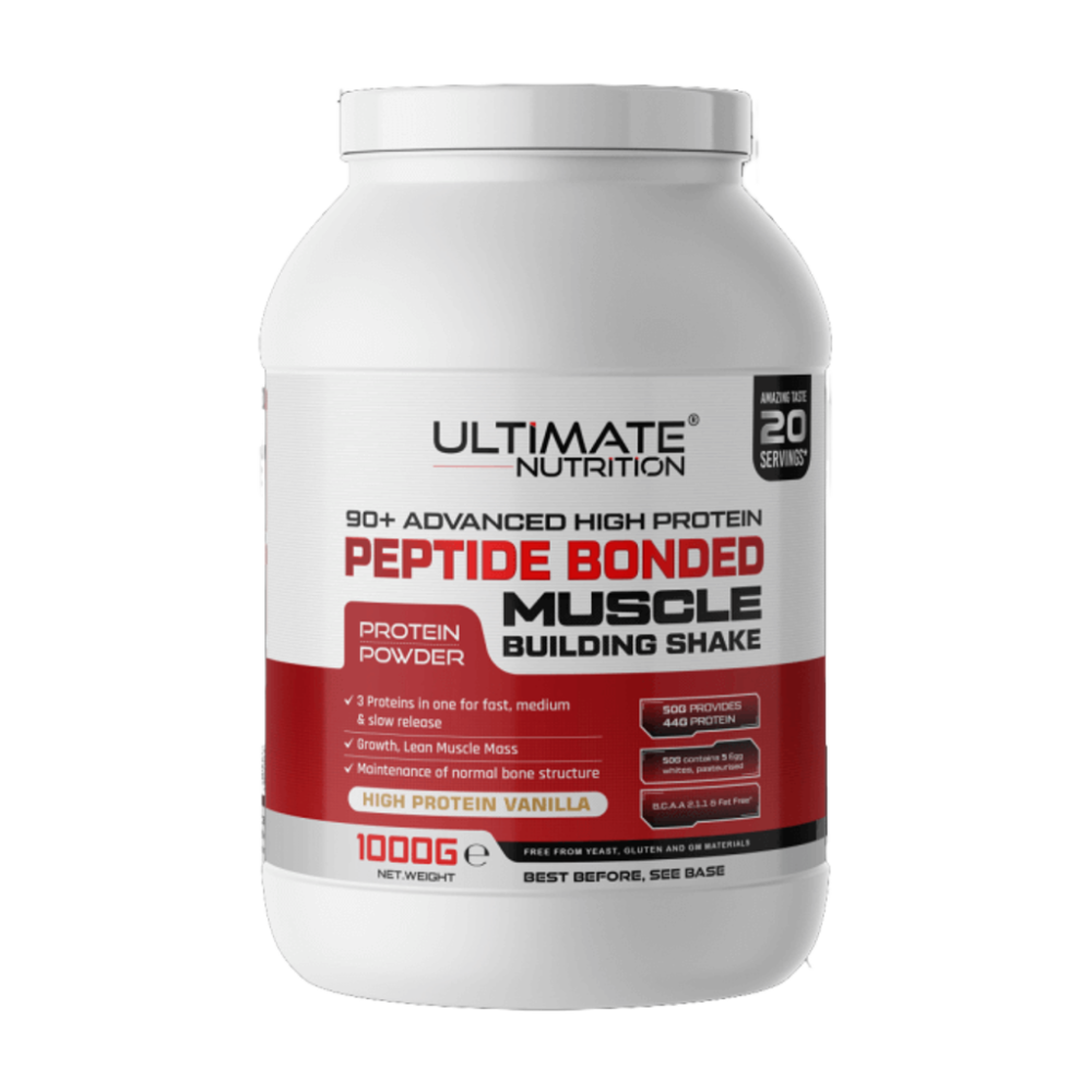 Ultimate Nutrition Peptide Bonded Muscle Building Shake 90+ high‑protein vanilla powder, designed for muscle growth and recovery.