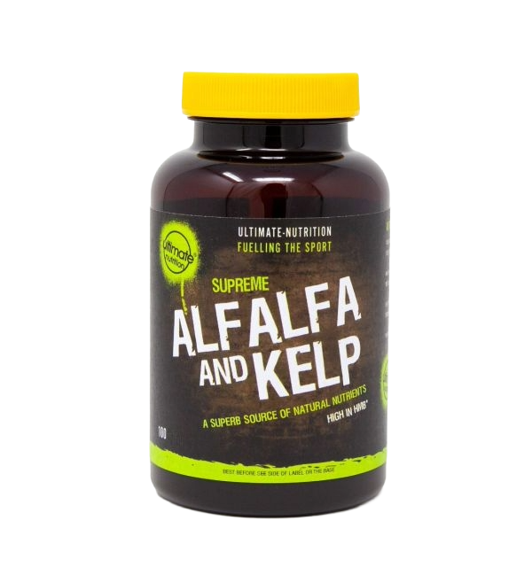 Ultimate Nutrition Supreme Alfalfa and Kelp supplement bottle with a yellow cap and dark label, highlighting its natural nutrient and mineral content.