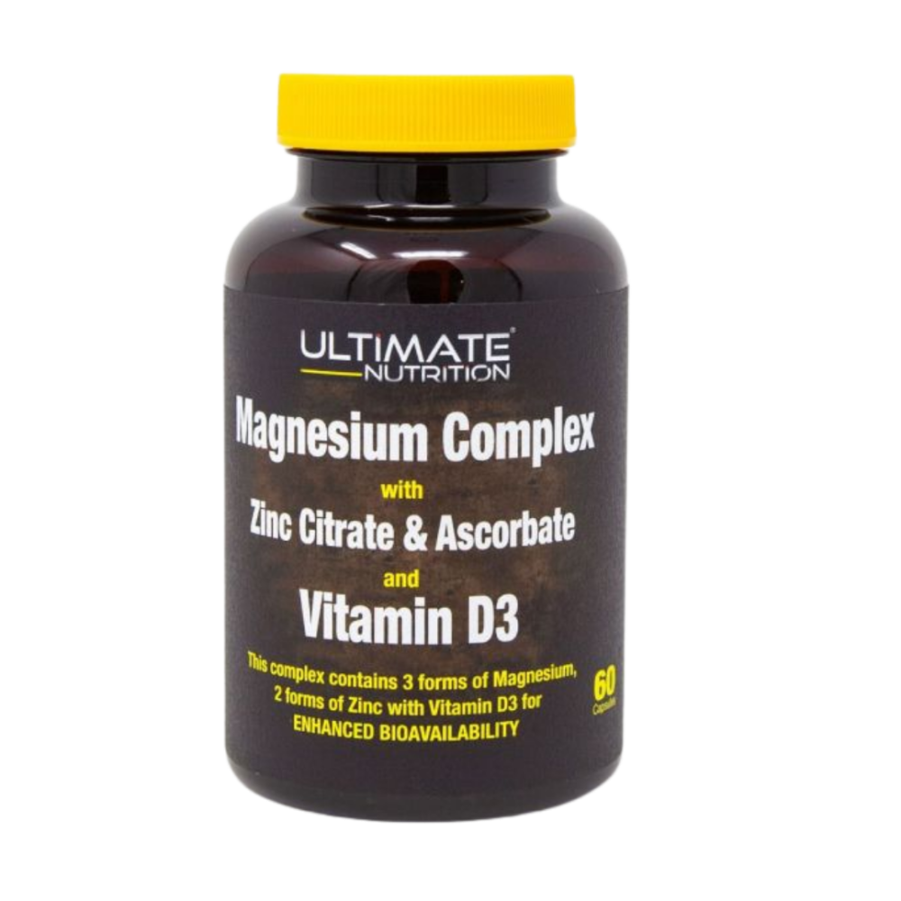 Ultimate Nutrition Triple Magnesium Complex bottle with zinc citrate, ascorbate, and vitamin D3 in a 60‑capsule supplement