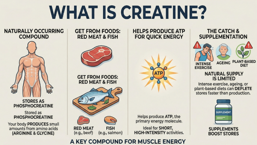 Infographic explaining what creatine is, its natural sources, its role in ATP energy production, and why supplementation may be needed, presented in Ultimate Nutrition style.