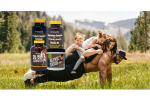 muscular athlete outdoors doing a plank with family stacked on their back beside ultimate nutrition supplements including prostate support magnesium beta ecdysterone and nitric oxide to illustrate natural ways to boost testosterone for the article 8 prove