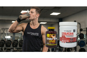 Ultimate Nutrition Creata‑Drive and Creatine Monohydrate powder showcased in a gym setting with an athlete training, highlighting strength, power, and performance benefits.