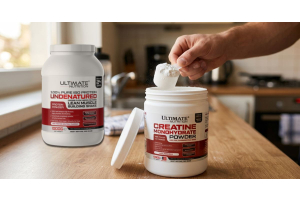 ultimate nutrition creatine monohydrate powder and pure iso protein containers on a kitchen counter with a hand scooping creatine to show how creatine and protein powder can be used together for the article can you mix creatine with protein powder