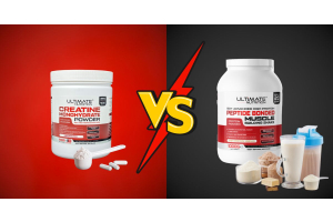 side by side comparison of ultimate nutrition creatine monohydrate powder and ultimate nutrition 90 plus protein shake with a bold vs graphic illustrating the difference between creatine and protein supplements for the article what is creatine and should 