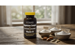 Triple Magnesium Complex supplement bottle with magnesium glycinate, citrate, and malate powders displayed alongside nuts and seeds on a wooden surface at Ultimate Nutrition