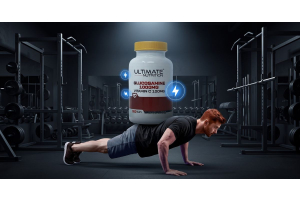 athlete doing a push up in a gym with an ultimate nutrition glucosamine 1000mg supplement shown above to illustrate dosage benefits and evidence for glucosamine in the article glucosamine 1000mg dosage benefits and what the evidence says