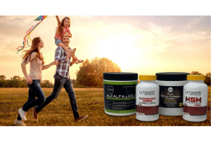 family walking outdoors at sunset with ultimate nutrition joint health supplements including alfalfa and kelp glucosamine marine collagen and msm shown in the foreground to illustrate what works and what doesnt for joint health in the article joint health