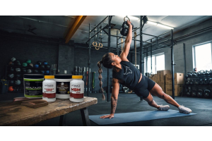athlete performing a side plank with kettlebell in a gym beside ultimate nutrition joint support supplements including alfalfa and kelp glucosamine marine collagen and msm to illustrate the anti inflammatory case for omega 3 for joints in the article omeg
