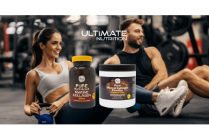 Ultimate Nutrition Marine Collagen capsules and powder showcased in a gym setting beside athletes training, highlighting joint support, recovery, and active lifestyle benefits.