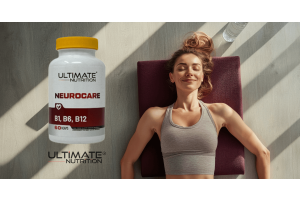 Ultimate Nutrition Neurocare B1, B6 and B12 supplement bottle shown beside a person relaxing on a yoga mat