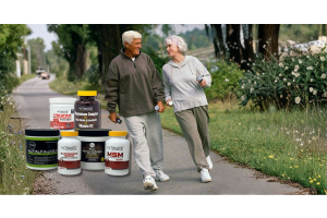 older adults walking outdoors with hand weights beside ultimate nutrition joint and bone support supplements including creatine magnesium glucosamine marine collagen alfalfa and msm to illustrate supplements for older adults supporting joints bones and mo